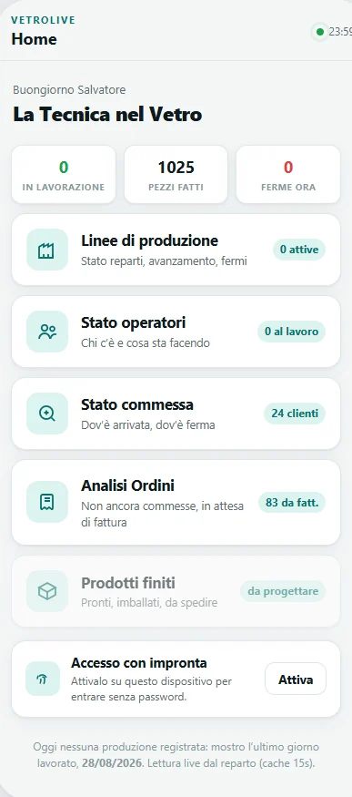 Home di VetroLive con i tre indicatori di giornata e l'elenco delle sezioni